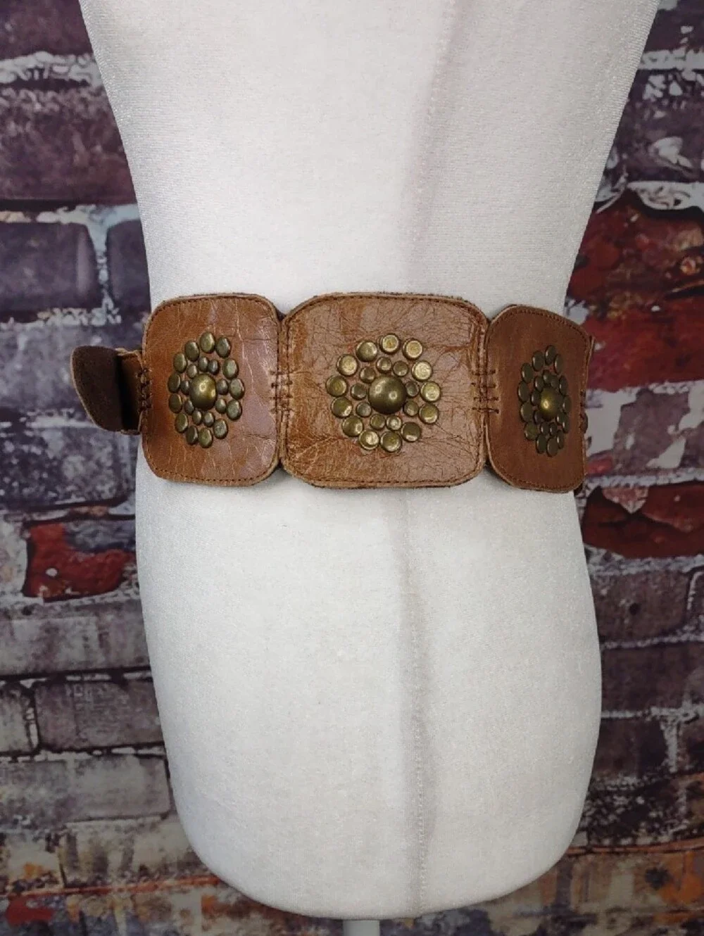 Jocasi London Leather Belt w/ Brass Stud Medallions And Buckle